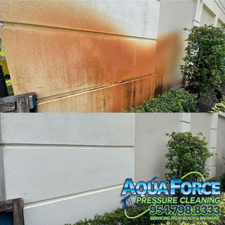 Irrigation rust staining on an exterior wall