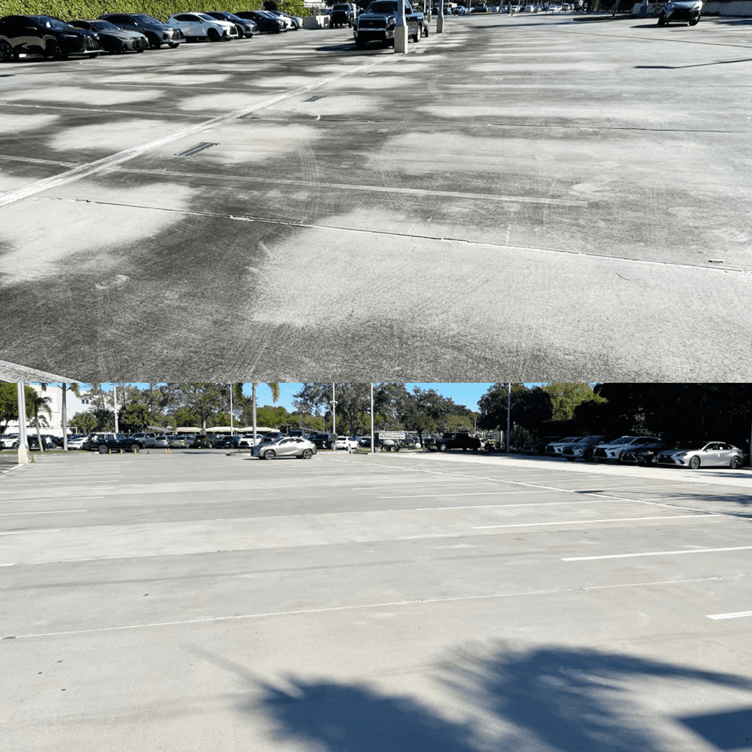 Commercial parking lot concrete before and after cleaning