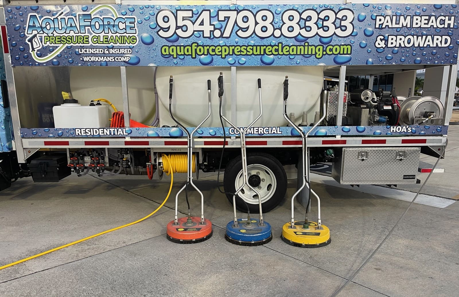 Aqua Force truck bed with commercial surface cleaners laid out