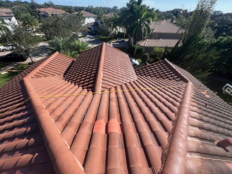 Tile roof during low pressure roof cleaning
