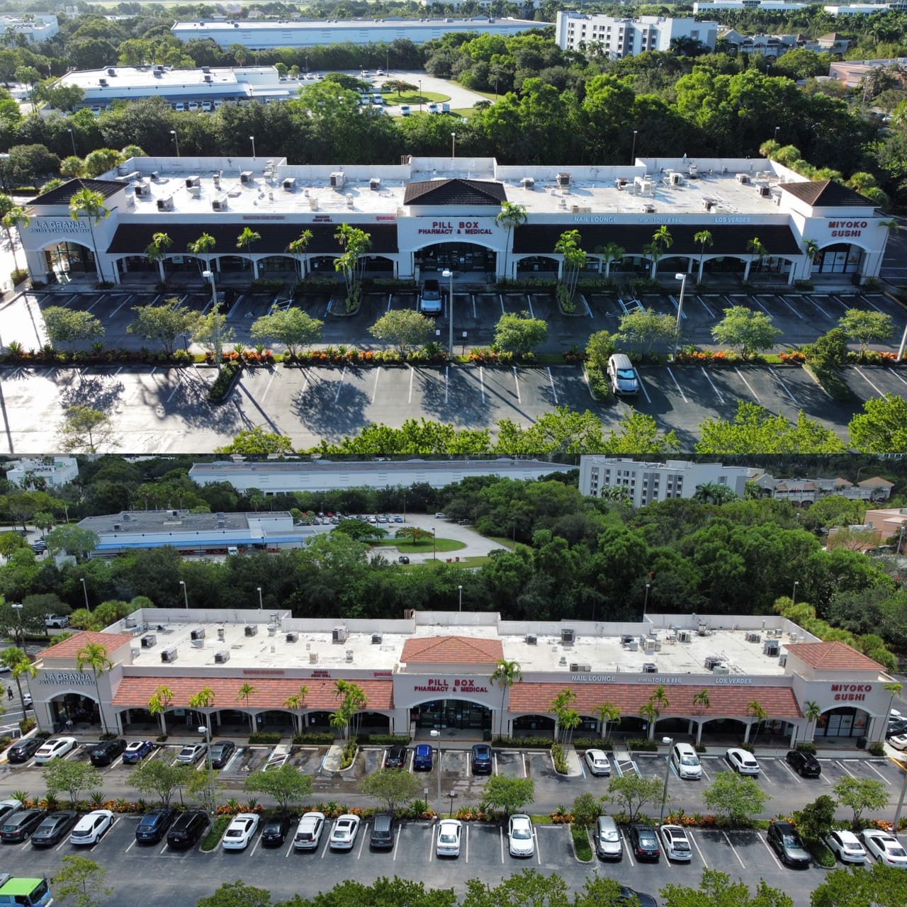 Aerial view of a retail plaza with large flat roof areas
