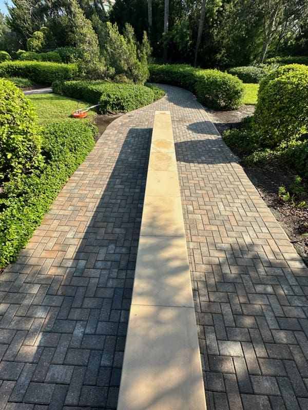 Paver walkway half cleaned, showing the contrast against the untreated side