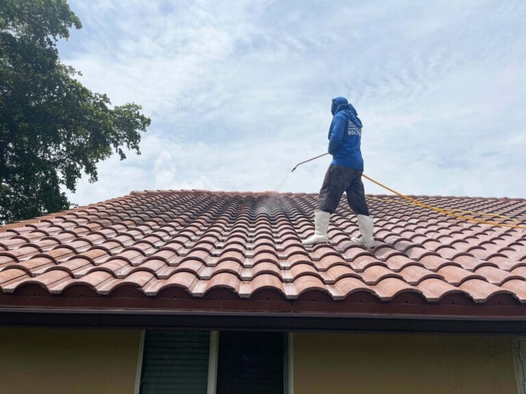 Tile roof during low pressure roof cleaning