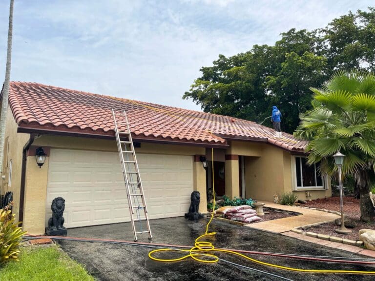 Tile roof during low pressure roof cleaning