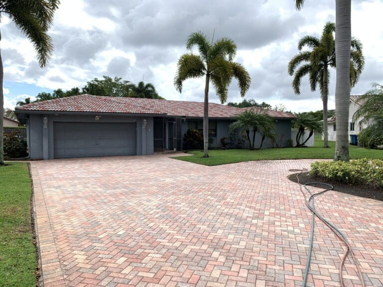 Concrete paver driveway with restored color