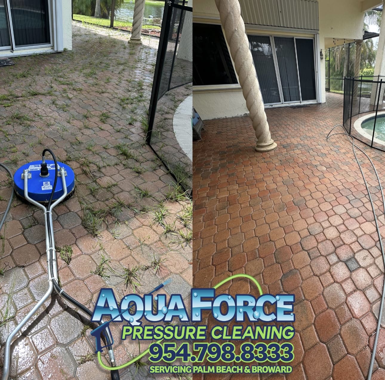 Paver patio and pool deck before and after cleaning and sealing by Aqua Force