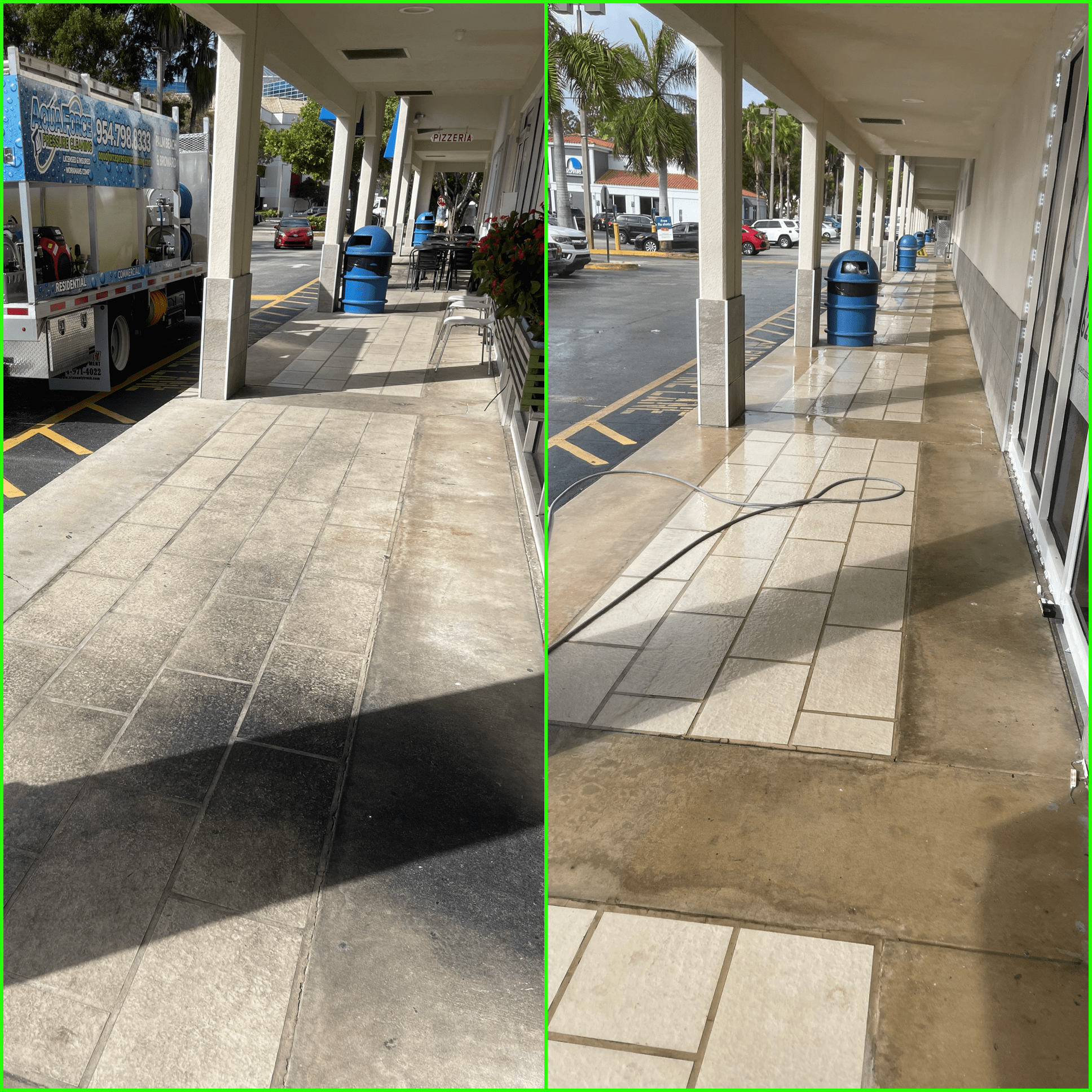 Covered commercial walkway before and after pressure cleaning