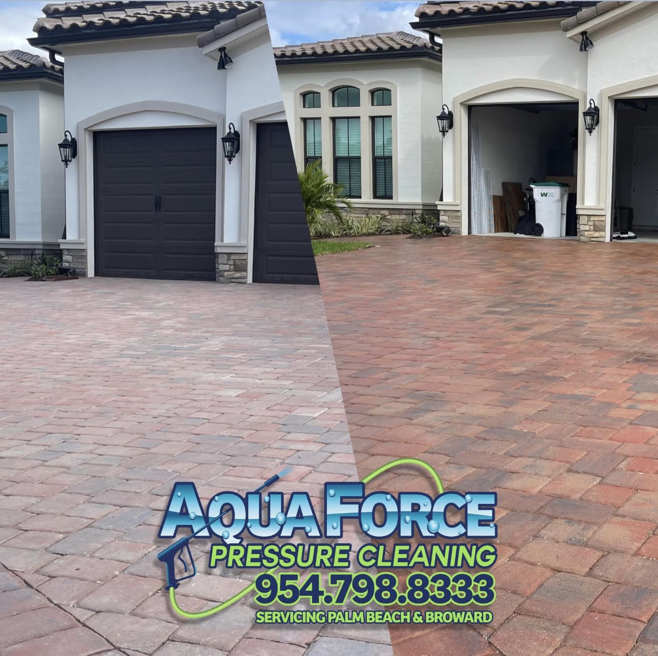 Paver driveway before and after cleaning and sealing by Aqua Force