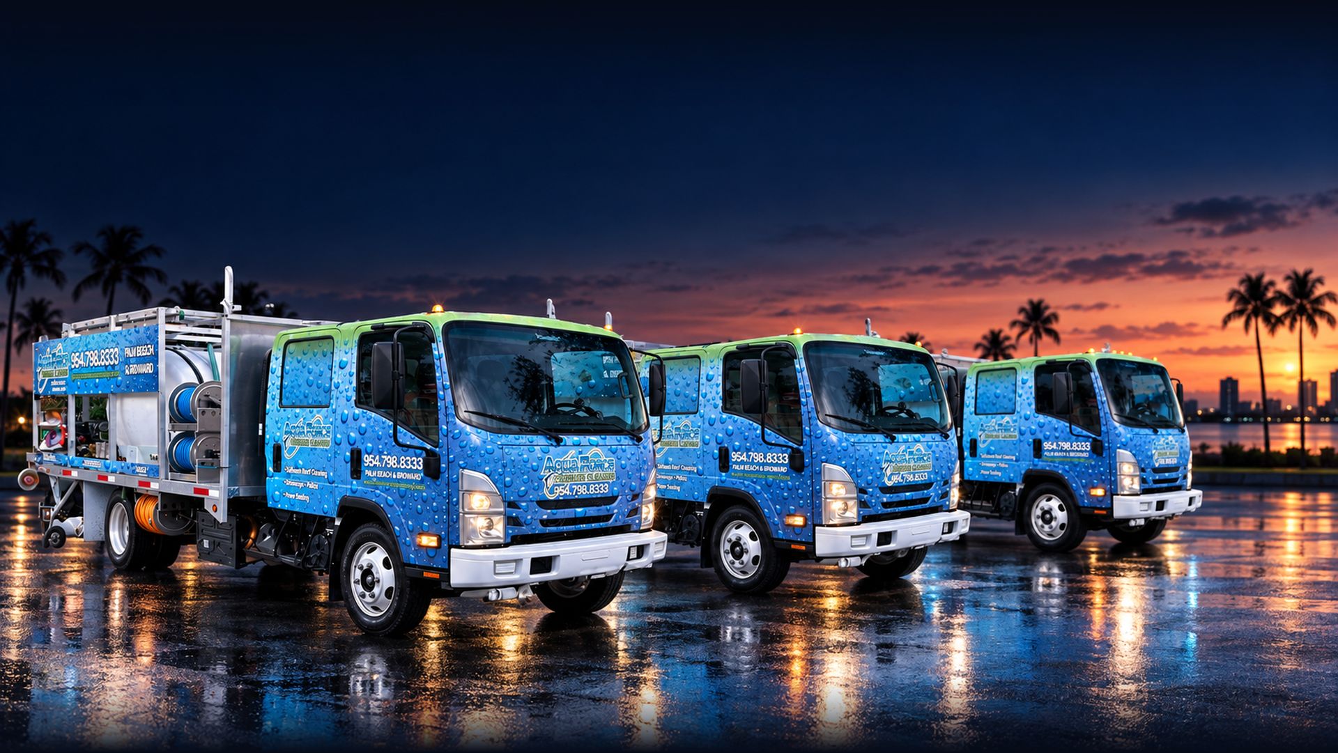 Three Aqua Force pressure cleaning trucks parked on wet pavement at dusk with palm trees and a South Florida sunset