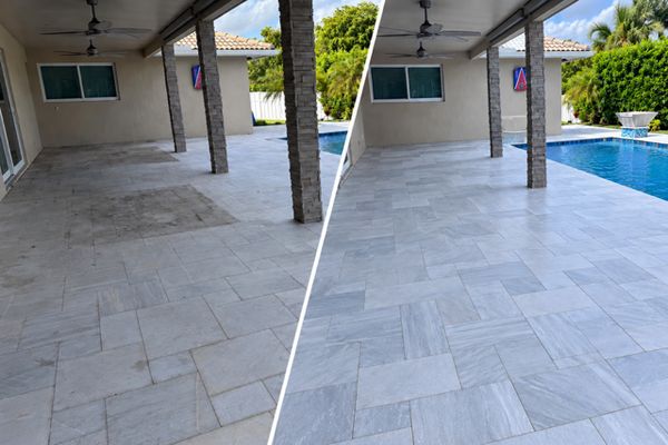 Natural stone pool deck before and after sealing by Aqua Force