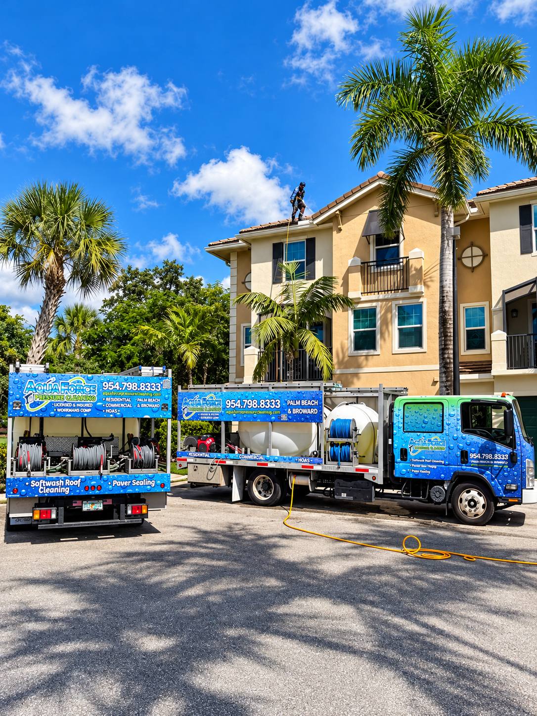 Aqua Force crew soft washing a townhome roof with two service trucks parked below