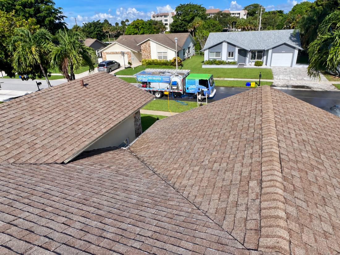 Asphalt shingle roof cleaned of algae streaks by Aqua Force soft washing