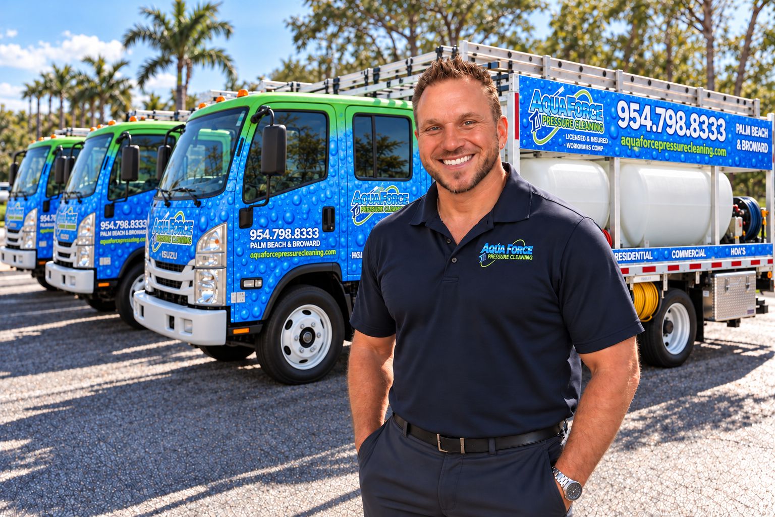 Jeremy Baniel, owner of Aqua Force Pressure Cleaning, in front of the Aqua Force truck fleet